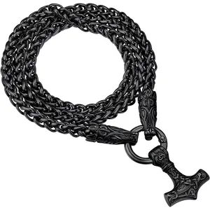 Norse Viking Jewelry for Men Women, Vintage Thor Hammer/Thor Axe/Raven/Odin Necklace, Black/Gold Plated 316L Stainless Steel Pendant Chain, Come with Box