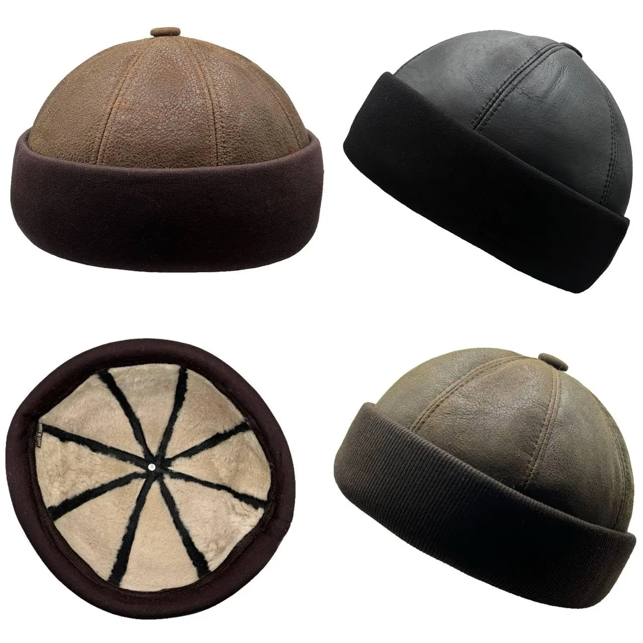 Lukkizara Unisex Genuine Leather Docker Hat - Rolled Cuff, 6-Panel Chinese Ha Design, Water-Resistant Black Skullcap, Classic Business Casual Accessory for Street Hip Hop Retro Night Out