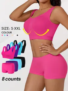 Women's Solid Wireless Bra & Skinny Boyshorts Set, Breathable Comfortable Backless Push Up Bra & Panty Shorts Underwear Sets, Women Sweatsuit Set, Ladies Underwear Set for Indoor Wear, Women's Underwear Set, Yoga Clothes Set, Activewear Clothing