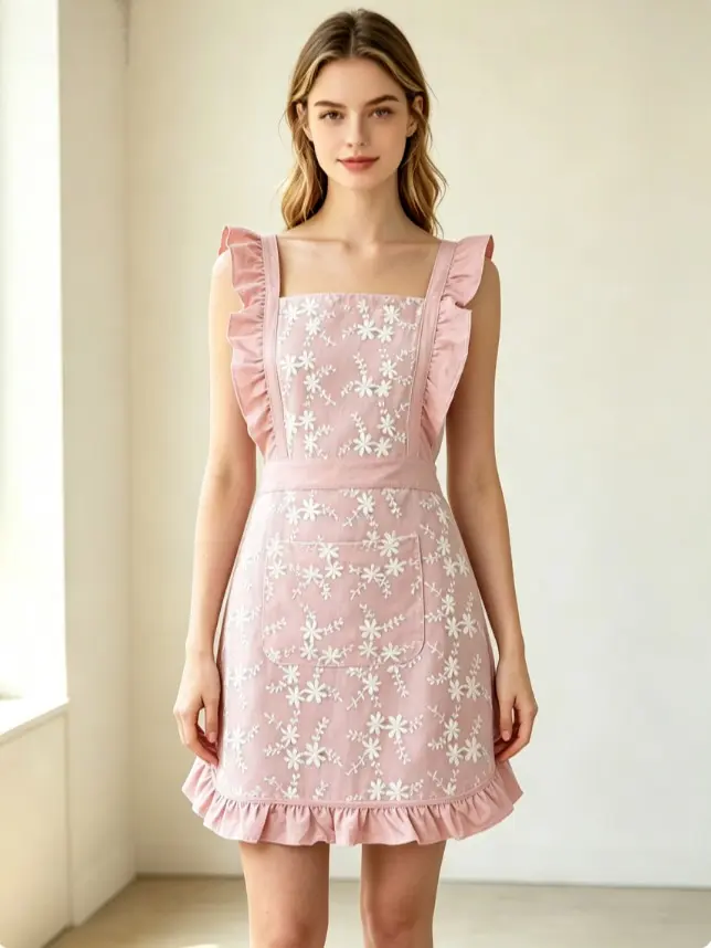 New Women Cotton Lace Floral Ruffle Cross Back Apron, Skin-Friendly Fabric No Sliding Straps No Neck Pressure Adjustable Washable Stylish Full Coverage Apron, Multi-Scene Apron for Florist, Home Kitchen Cooking, Gardening & Coffee Shop Daily Wear