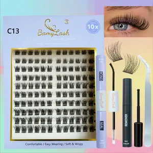1 Box Cluster Eyelash kit C13,with bond seal remover applicator,3D wispy D curl DIY Individual Lash Extension, Diy Eyelashes Kit