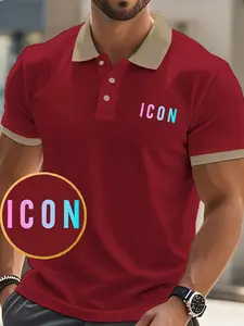 Trendy Versatile Golf Shirt, Summer Men's Retro Icon Logo Polo, Collar Button Casual Top, Short Sleeve Slim Fit, Spring & Fall