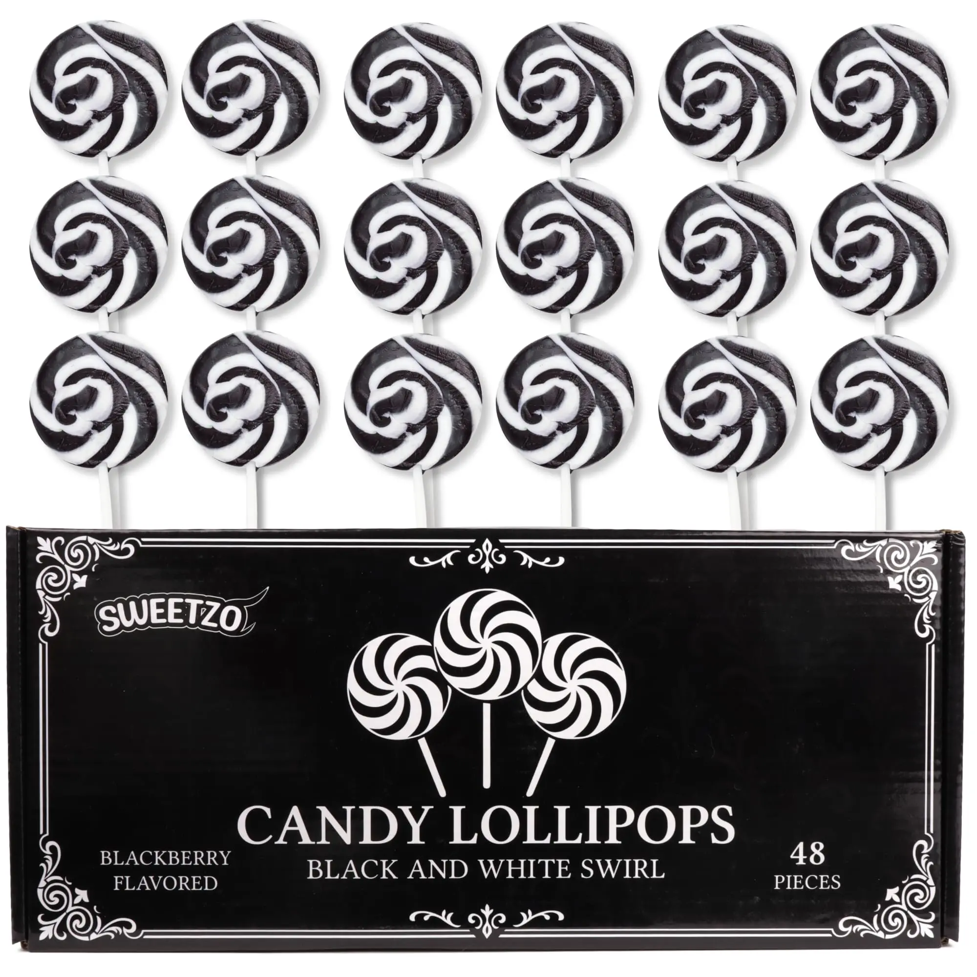 Bulk Black Swirl Lollipops, Individually Wrapped Candy Suckers, Party Favor Treats, 48 Count