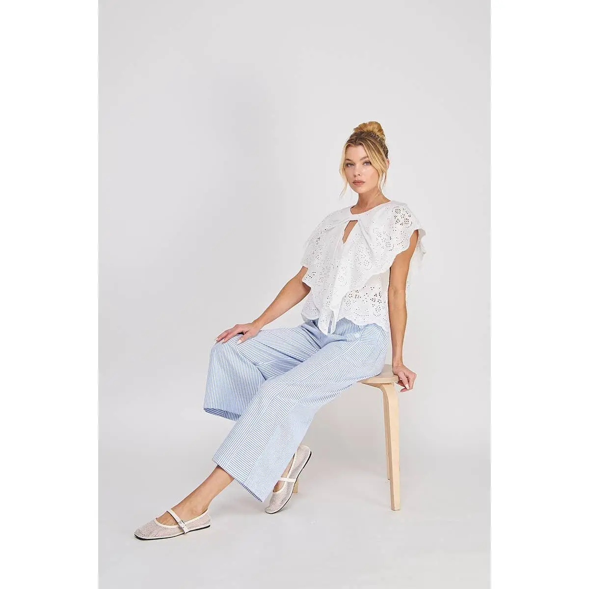 Ally Striped Seersucker Elastic Back Waist Side Button Pant
