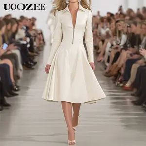 UOOZEE Women's Autumn Winter Fashion Zipper Pockets PU Midi Leather Dresses, New Elegant Skinny Lapel Office Formal Runway Style Dress(Sizing Runs Small - Check Size Guide or Order Larger)