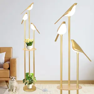 Gold Floor Lamps for Living Room, Modern Floor Lamp with Shelves, Mid Century Standing Lamp with 3 Adjustable LED Bird Lights, Corner Tall Lamp with Table, Brass Stand up Lamp for Bedroom Kids Room