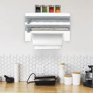 Magnetic Plastic Wrap Dispenser with Cutter, Wall-Mount Refillable Foil and Cling Film Organizer, ABS Kitchen Rack with Spice Storage, Fits Rolls up to 11" Wide, Holds up to 11lbs Shelf Smooth