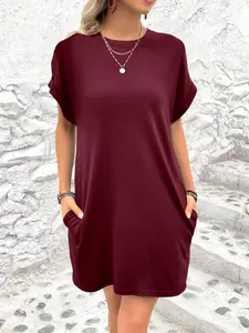 Women's Plain Basic Minimalist Loose Curved Hem Tee Dress, Casual Short Sleeve Crew Neck Dress for Spring & Fall, Women's Clothing for Daily Wear