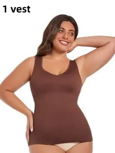 Skin Tone Ribbed V-Neck Waist Trainer Seamless Top, Comfortable Casual Holiday Gift, Extended Back Vest