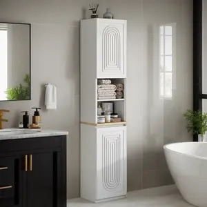 67 Inch Slim Tall Bathroom Storage Cabinet, Narrow Freestanding Cabinet with 2 Lockable Doors & Adjustable Shelves, White Compact Floor Storage Organizer for Tight Small Spac