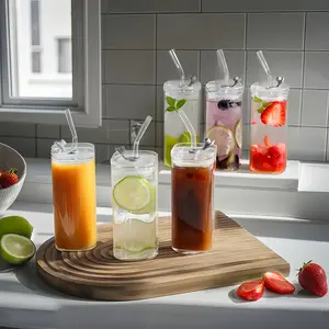 Square Glass Coffee Cup Tumbler with Lid and Straw, Reusable, Suitable for Office, Home, School, Outdoor Use, Durable Drinkware