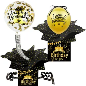 Birthday Money-Extracting Balloon Gift Box, Black And Gold Surprise Money-Extracting Gift Box, Includes Happy Birthday Card And Transparent Bag, Birthday Party Supplies, Birthday Party Decoration, Party Balloons, Balloon Set