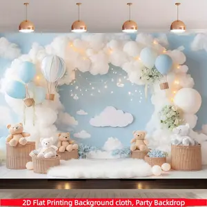 Plush cloud hot air balloon background banner, teddy bear light blue sky photography background, Flat backdrop, suitable for birthdays, party photography background, festival party decoration, home decoration, holiday gifts