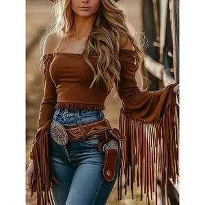 Women’s Western Cowgirl Fringe Trim Sexy Off-Shoulder Long-Sleeve T-Shirt/Top