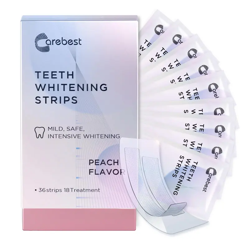 CAREBEST Teeth Brightener Strips for Adults, 18 Pairs Pro-Level At-Home Treatment, Enamel-Safe Non-Slip Peach Strips for Sensitive Teeth, Oral Gentle Formula