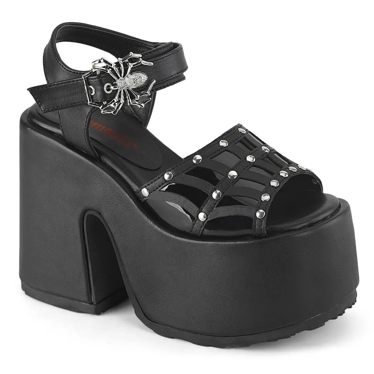 Demonia Camel-17 Black Vegan Leather Wedge Ankle Strap Sandals with Silver-Tone Spider Buckle & Studs 5" Chunky Heel 3" Platform Casual Summer Footwear for Women
