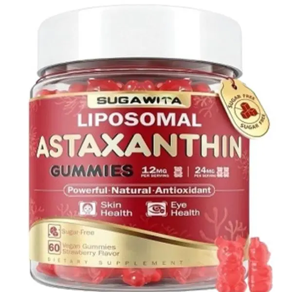 SUGAWITA Astaxanthin 12mg 24mg Gummies, Astaxanthin Supplements for Women & Men, High-Absorption Organic Antioxidant for Skin, Eye & Immune Health, Vegan, Sugar-Free, Strawberry Flavor, 60 Gummies