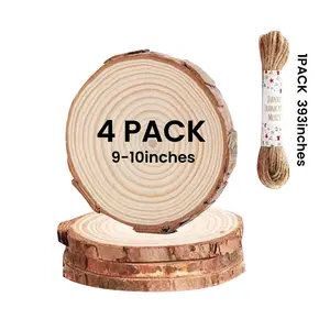 5Pcs Rustic Set,including 4 Large 9-10 inch Wooden Discs with Natural Bark + 10m Jute Twine. Perfect for Wedding Centerpieces, DIY Crafts, Home Decor, Cake Stands & Holiday Party Decorations.