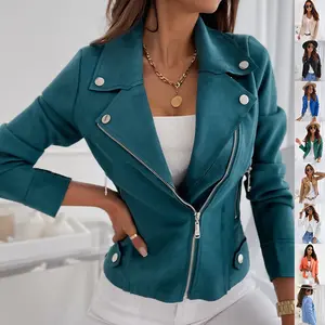 Women's Casual Long-Sleeve Spandex Coat - Fitted Zip-Up Lapel Jacket with Pockets, Comfortable Ins Fashion Top