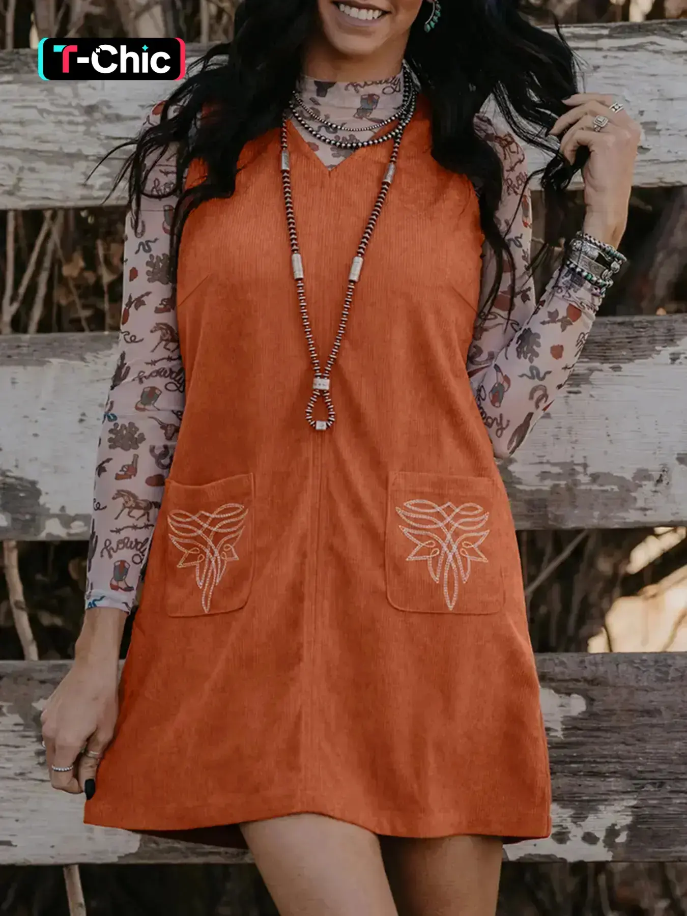 Western Style Corduroy Woven Embroidered Pocket Straight Fitted Vneck Sleeveless Mini Dress, Casual Wear for Women, Perfect for Spring & Fall Seasons, Embroidery