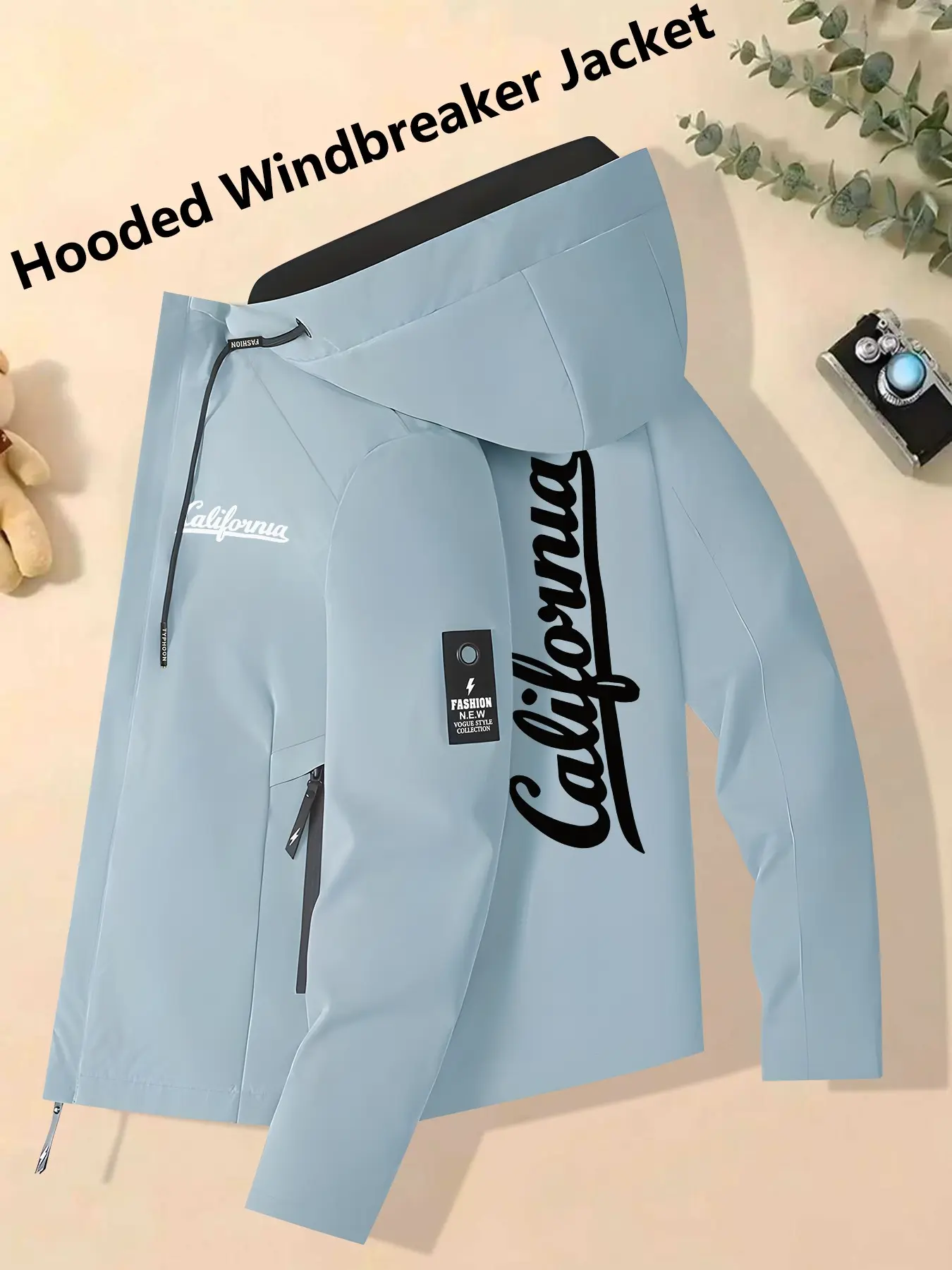 Women's Hooded Windbreaker Jacket Stylish Light Blue California Script Print Durable Windproof Waterproof Breathable Relaxed Loose Fit Skin-Friendly Versatile Outerwear for Casual Fashion Lovers Perfect for Commuting Hiking & Casual Outings