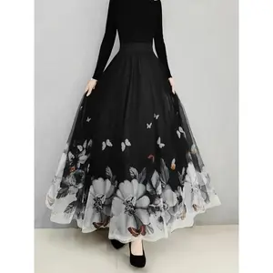 Plus Size Butterfly & Floral Print Tape Waist Skirt, Elegant Contrast Mesh A Line?Skirt for Wedding Guest, Women's Plus Size Bottoms for All SeasonsRAIMENTRY