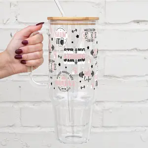 40oz Gym Inspiration Glass Tumbler – Fitness Motivational Cup with Lid & Plastic and Glass Straws, Gym Girlie Iced Coffee Cup, Reusable Workout Drinkware