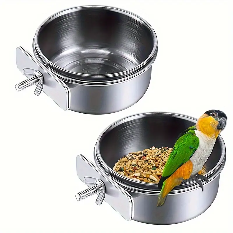 1/2PCS Stainless Steel Rust-Resistant Odor-Free Bird Feeder Dish Cups - 2 Hanging Steel Bowls (3.9x3.9x1.8in, 10 fl oz), Clamp Holder Food & Water Bowls for Travel, Small/Medium Parrots/Hamsters Pet Feeding Supplies