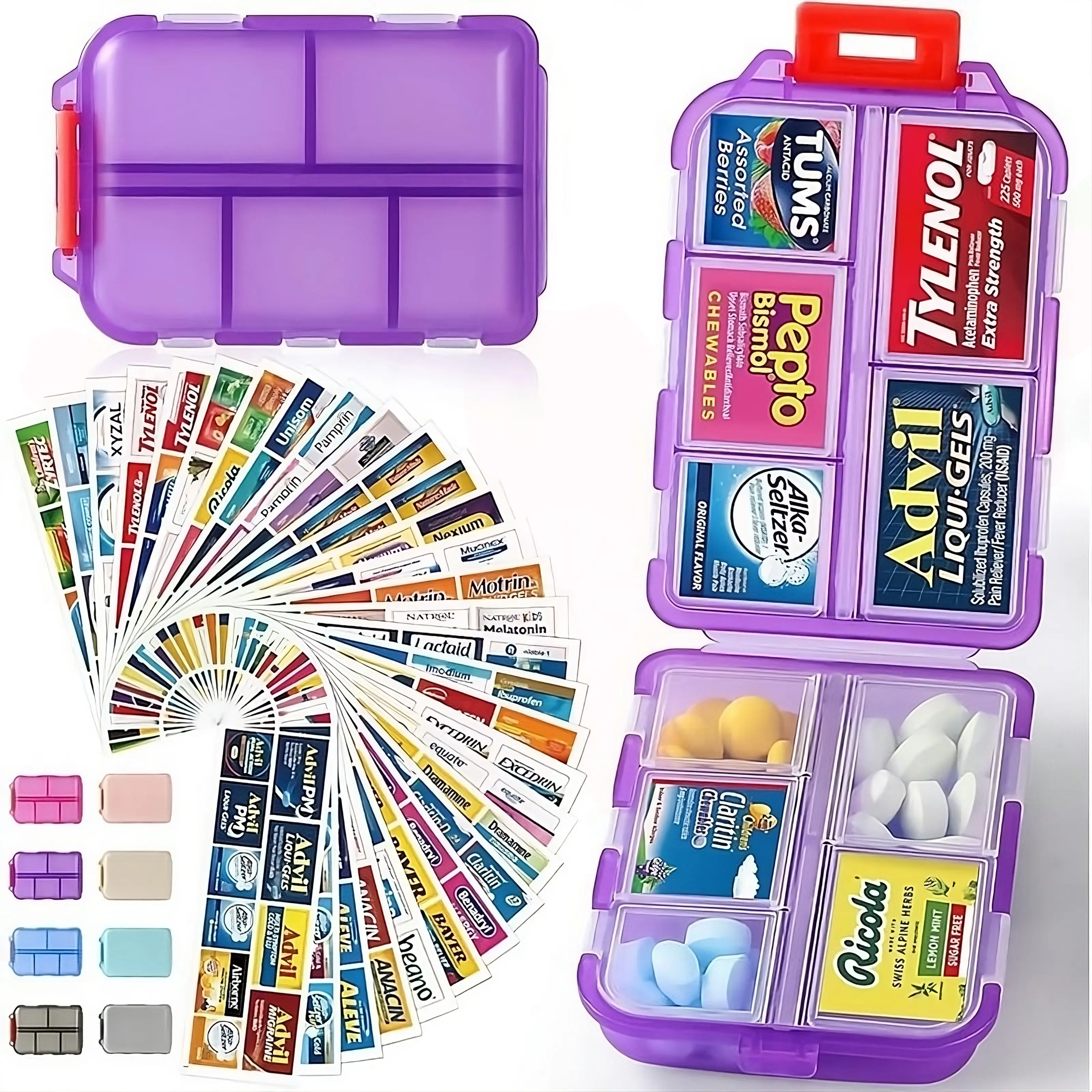 Portable Rectangle Travel Pill Organizer Box - 10-Compartment Eco-Friendly Dustproof Healthcare Aid with 147 Brand Labels, Pocket-Sized Purse Storage for Daily Vitamin Supplement Medication Holding, Prop 65 Safe