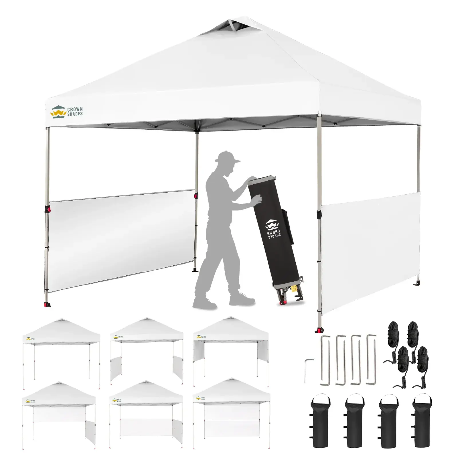 CROWN SHADES 10x10 Pop Up Tent - Canopy Sunshade, Outdoor Patio Shelter, Sun Cover, High-Shading Gazebo with 150D Silver Coated Fabric, 2 Half Sidewalls, 4 Ropes, 8 Stakes, 4 Weight Bags, STO-N-GO Bag, Grid White, Outdoor Patio Canopy