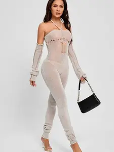 Knitted Hang-neck Hollow-out Jumpsuit Fabric Fitted Womenswear Distressed Knit Stitching Material