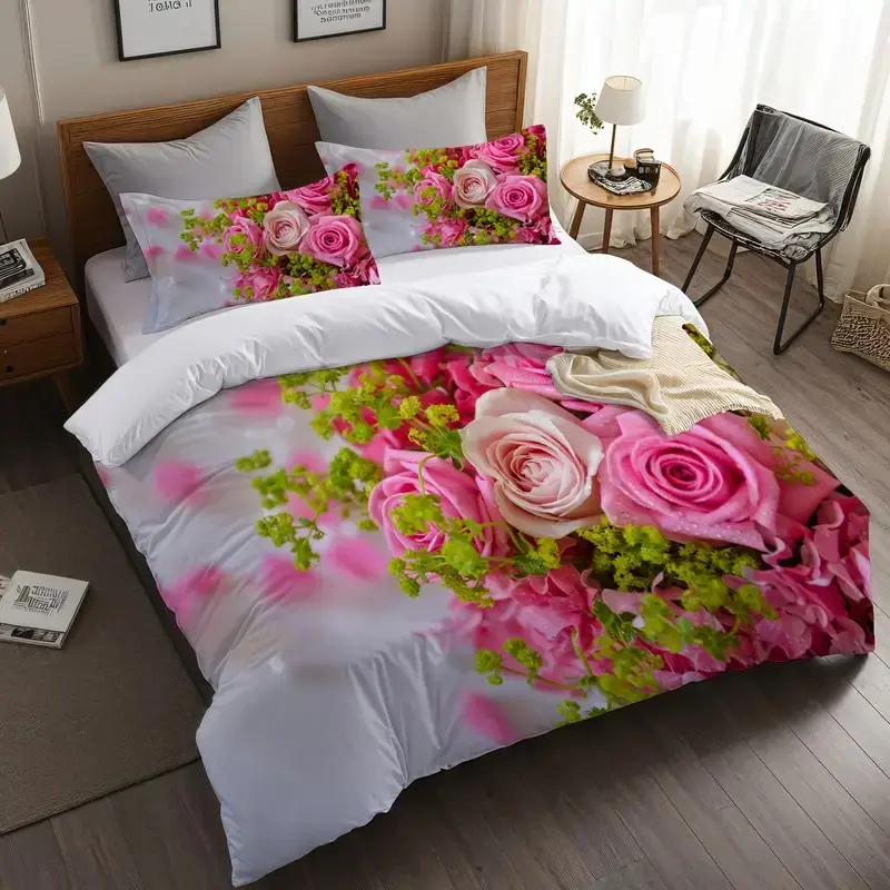 3-piece set of pink rose digital printed decorative bedding set Bed Sets made of polyester material, including 1 duvet cover and 2 pillowcases, is the preferred bedding for bedrooms, dormitories, and famous guests