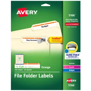 Avery TrueBlock File Folder Labels, 2/3" x 3-7/16", 750 Printable Labels, White/Orange (5166)