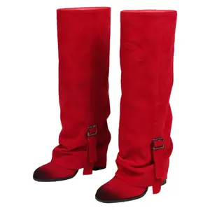 Women's Red Faux Suede Round-Toe Fold-Over Adjustable Buckle Knee High Cowgirl Boots Comfortable Stylish Footwear for Versatile Wear