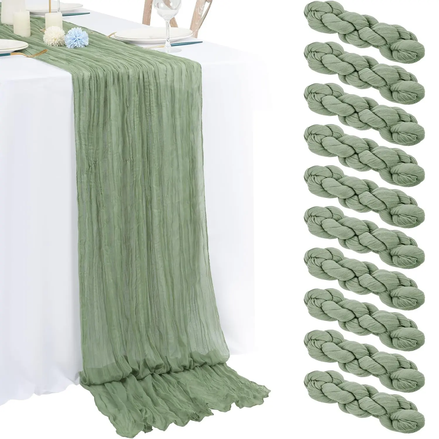 10/6 Pack Sage Green Table Runners,17*108 inch 9 FT Cheesecloth Semi Sheer Boho Gauze Cheese Cloth Fabric Table Runners Table Decor for Wedding Party Baby Shower Birthday Home Decor Garden Farmhouse