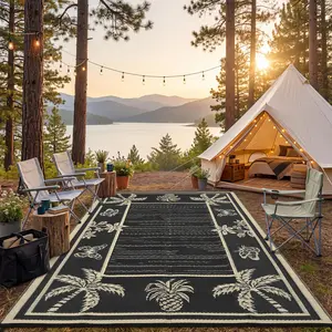 Double-Sided Reversible Tropical Leaf Outdoor Rug, Foldable Easy-Clean Plastic Straw Rug, Indoor & Outdoor Decor for Patio, Balcony, Beach, Picnic & RV Camping