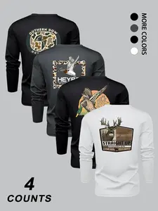 Men's Fashion Camo Animal Print Long Sleeve Round Neck T-Shirt Set, Athletic Workout Clothing, Comfortable Stretch Fabric, Perfect for Spring & Fall Sports Outdoor Activities