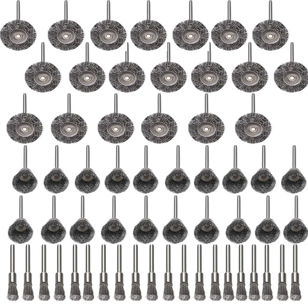 60 Pack Stainless Steel Wire Wheel Brush Set with a 1/8" Collet - Cup, Wheel, and Pen Brushes for Rust Removal, Corrosion and Scrub Surfaces