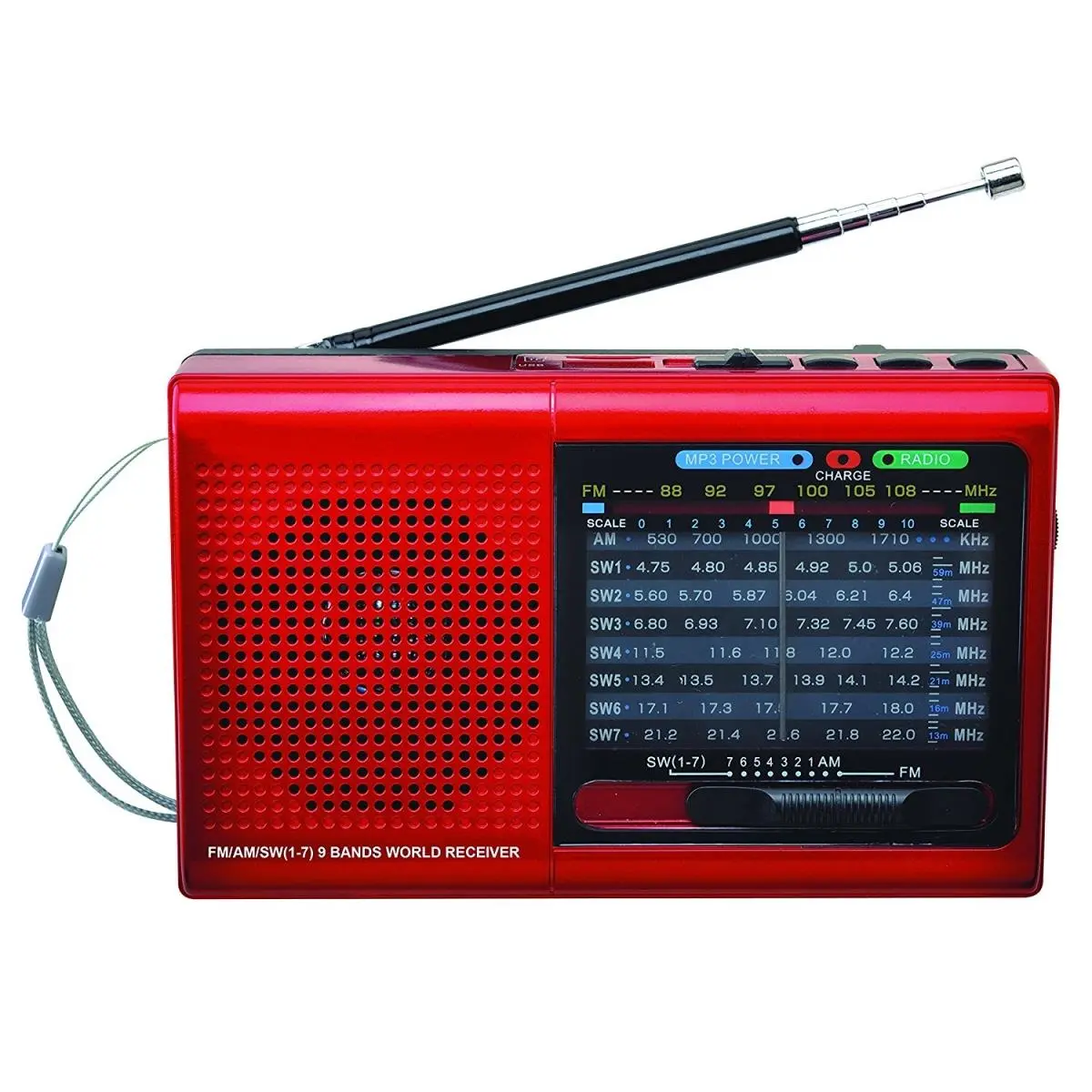 212 MAIN 9-Band Handheld Multifunctional AM/FM/SW Radio - Supersonic Audio Device with Bluetooth, Micro SD Card Slot, USB Input, Red, Handheld Radio, Multifunctional Radio