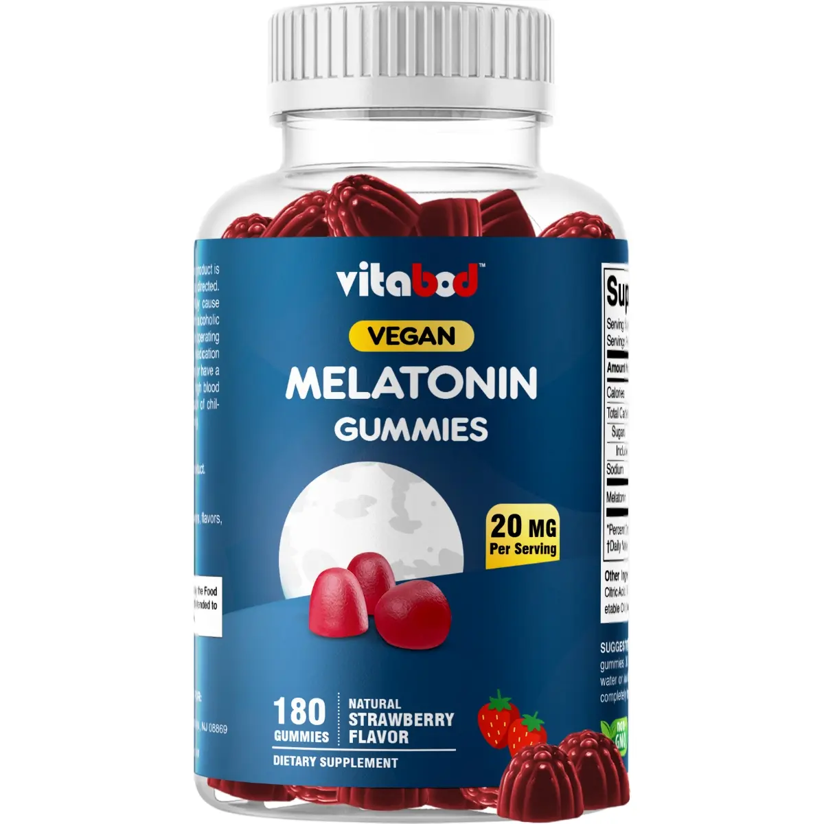 20mg Melatonin Vegan Sleep Aid Gummies - 180 Count, 1 Bottle, Drug-Free, Natural Strawberry Flavor, Non-GMO, Gluten-Free, Health & Wellness Dietary Supplement, Self Care Products, Vitamin