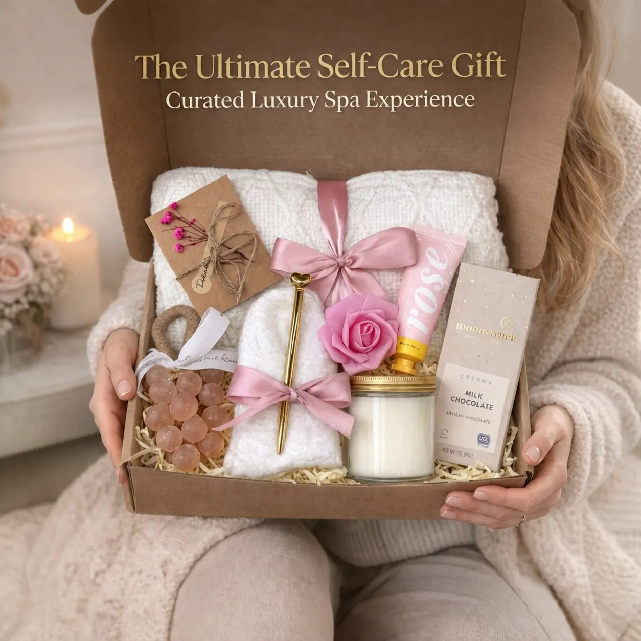 Taniri Luxury Fully-Assembled Adult Female Self-Care Gift Box - Ready-Gifted Home Spa Basket (Home Supplies) with Cozy Blanket, Scented Grape Soap, Candle, Lavender Hand Cream, Chocolate, Gold Spoon - Ideal for Happy Birthday, Housewarming, Get Well Soon
