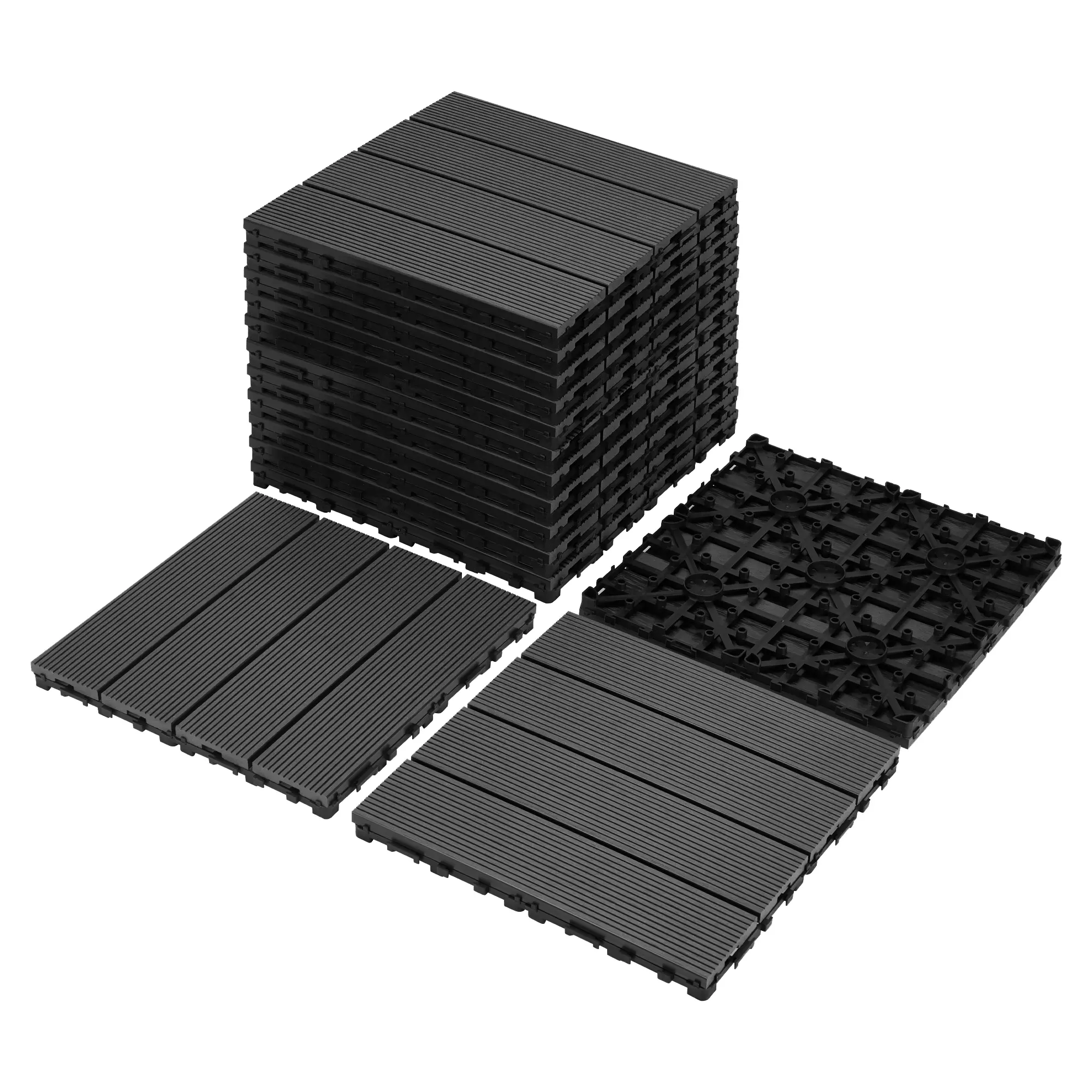 DONEXT Interlocking Wood-Plastic Deck Tiles, 9-Pack 12x12in Heavy-Duty Non Slip Water Resistant Floors, Waterproof Patio Flooring for Outdoor & Indoor Use, Black, Non Slip Flooring