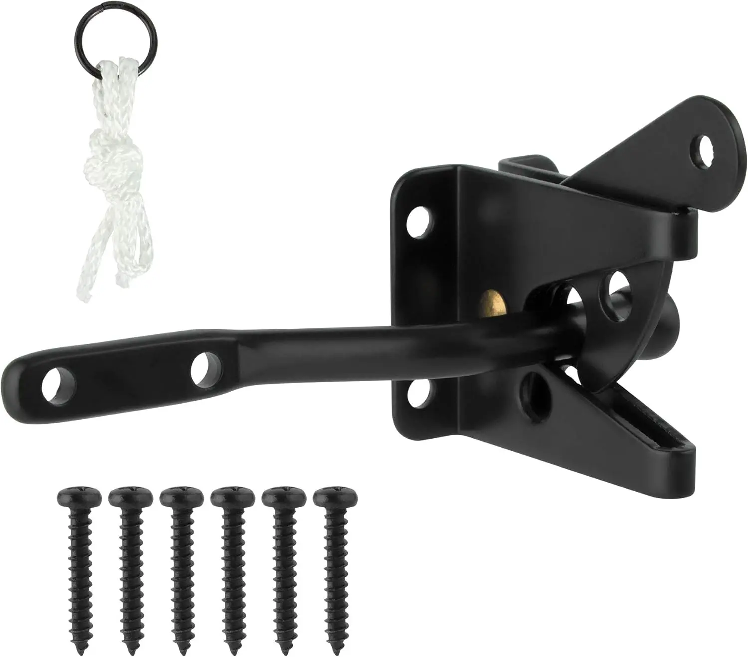 Heavy Duty Self-Locking Gate Latch for Wooden Fence - Fancy Black Coated Steel, 4.7in Size with 4 1/8in Lever, Longer Fasteners, Pull String, Easy Installation for Backyard, Decks, Pool, Garden