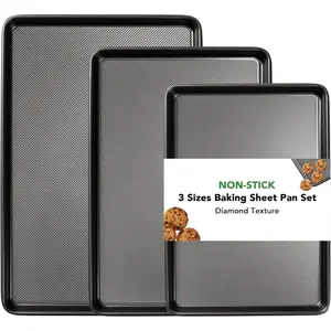 Heavy-Duty Nonstick Carbon Steel Bakeware Set (Set of 3) - 0.8mm Thick Diamond Texture Trays, Half Sheet & Roll Pans for Oven Use