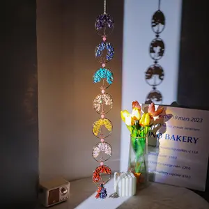 Bohemian Metal Hanging Decor, Bohemian Design, Crystal Tree of Life Ornament, Colorful Seven-Leaf Life Tree Pendant, Home Window Decoration Gift