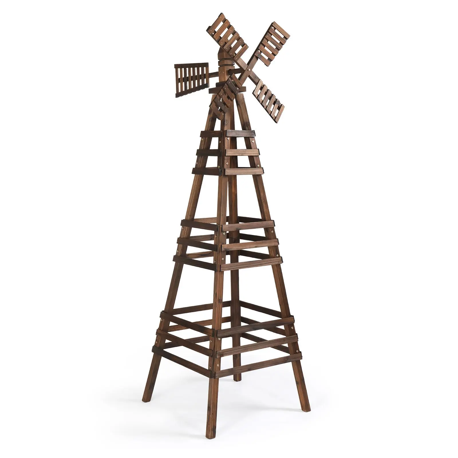 3-Tier Joined Carbonized Wooden Windmill Outdoor Garden Shelf, 70x70x202cm, Outdoor Furniture Decoration