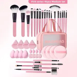 46PCS All-in-One Travel Makeup Essential Set: Waterproof Large-Capacity Zippered Cosmetic Bag + 25 makeup Brushes (Foundation/Blush/Eyeshadow) + 20 Velvet Triangle & Air Cushion Powder Puffs – Ideal for Beach Vacation, Daily Makeup & Gift-Giving, Flawless