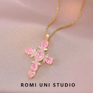 Romi Uni Studio Chromatic Colorful Cross Necklace with Cubic Zirconium in Gold & Rhodium Plating for Versatile Style