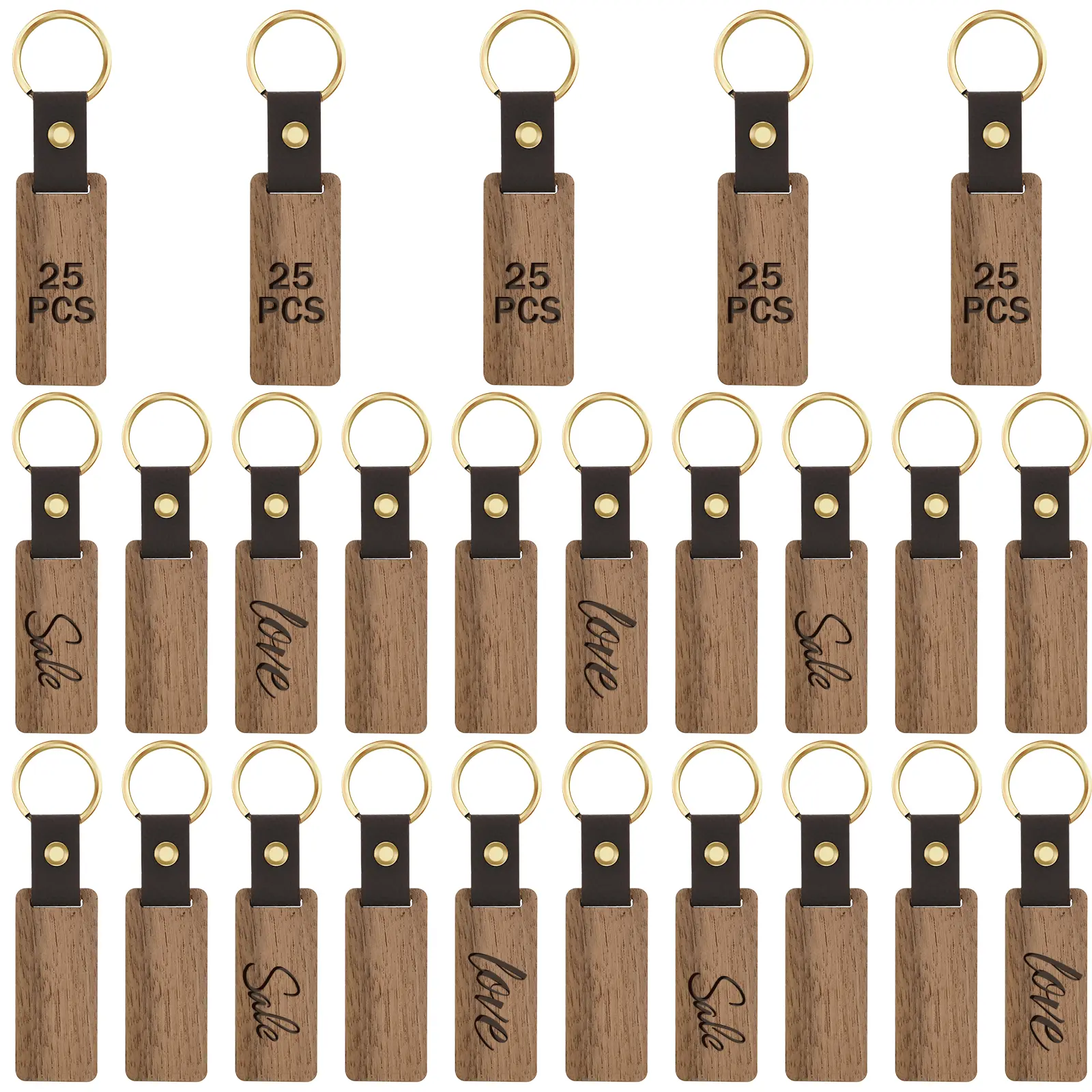 25Counts Wooden Keychain Blanks DIY Blank Wood Keychains with Leather Straps Walnut Wood Keyring Blanks Unfinished Wooden Keychains for Engraving Key Tags Wood Crafts
