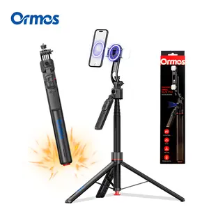 Ormos 2-in-1 Selfie Stick & Tripod Stand with 2 Round Lights Detachable Remote Control for Video Recording Camping Photography Durable Umbrella-Shaped Design - Cellphone